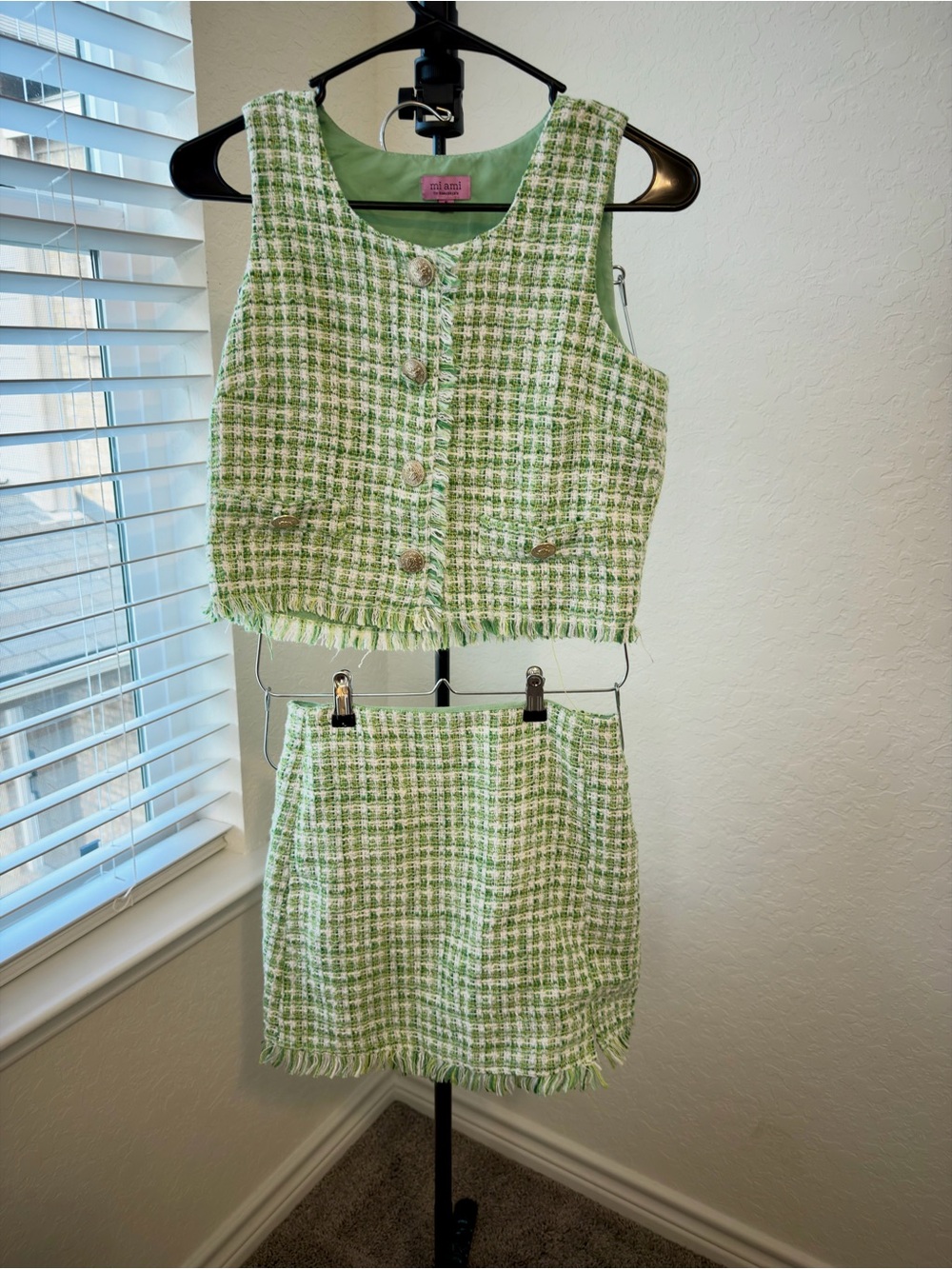miami Light Green Tweed Crop Top and Mini Skirt Set